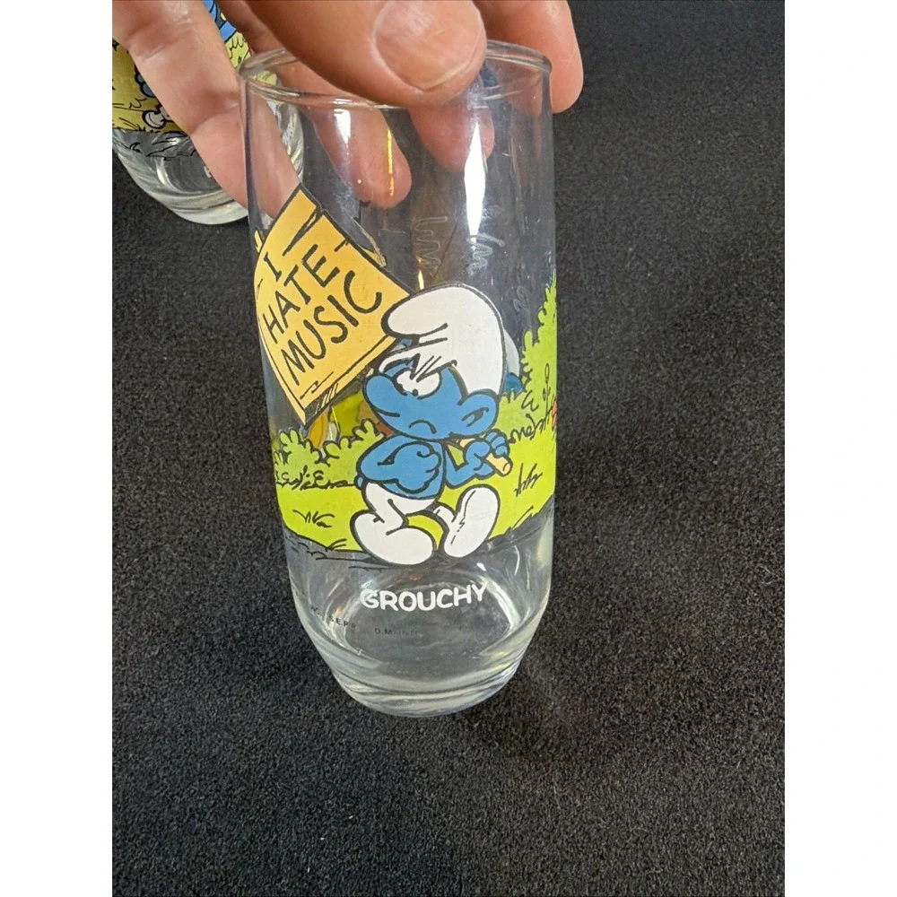 Vintage 1983 Smurfs Glasses Handy Smurf Grouchy Smurf Wallace Berrie‎ Set of 2